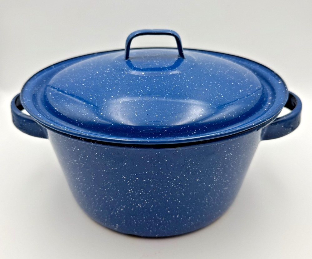 Vintage Farmhouse Royal Blue Speckled Enamel Stock Pot Graniteware Distressed